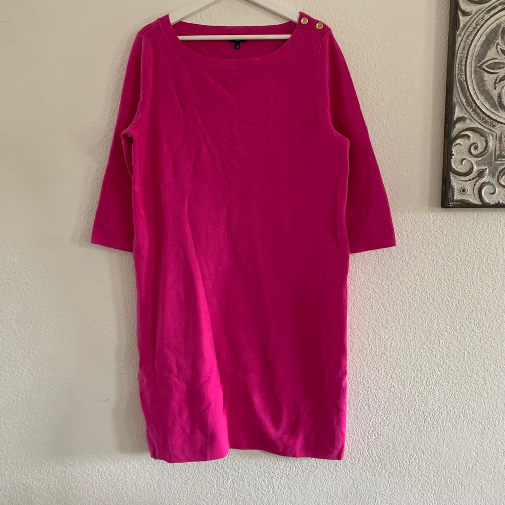 Talbots Woman Hot Pink Knit Sweater Dress Gold Shoulder Buttons 1X 3/4 Sleeve